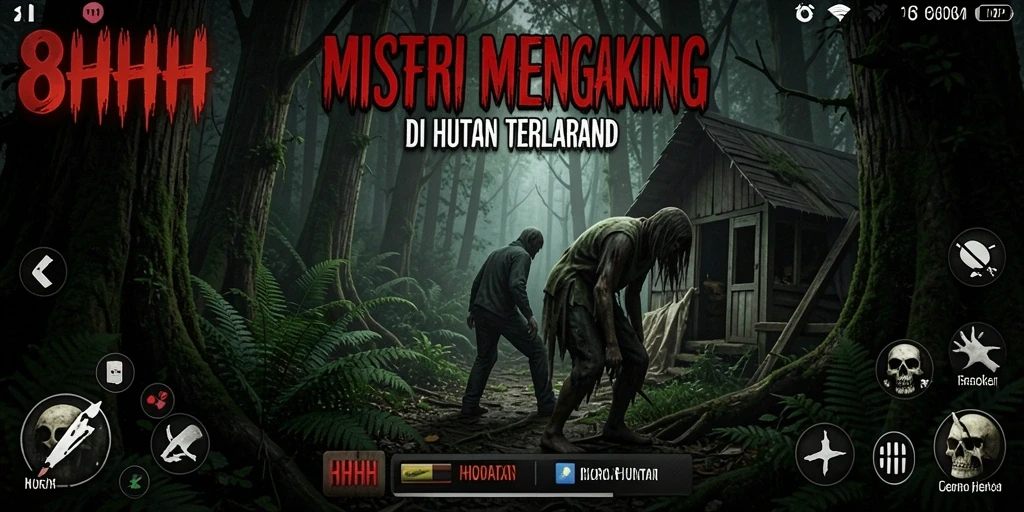 Antarmuka menegangkan dari game Horor Hutan 8HHH.