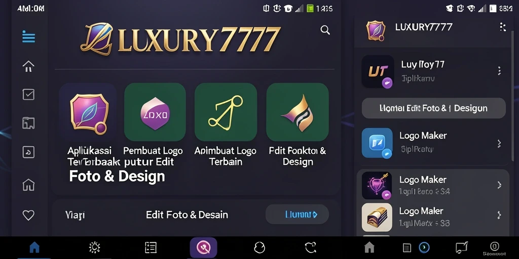 Screenshot LUXURY777 menunjukkan antarmuka pengguna yang intuitif untuk Logo Maker.